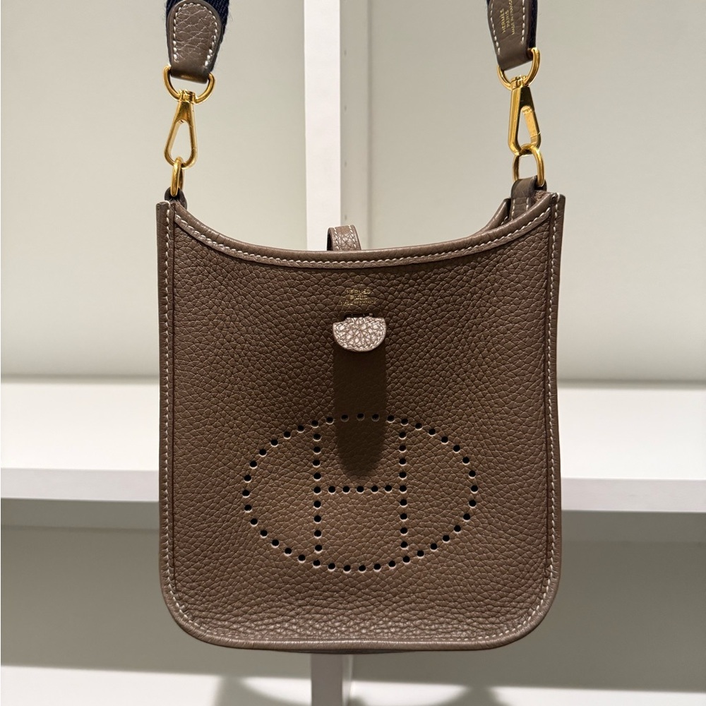 Hermes Taurillon Clemence Amazone Evelyne TPM Etoupe Bleu Indigo